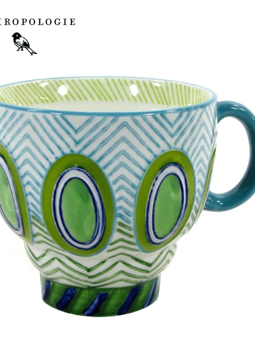 Anthropologie GREEN OVALS BLUE ZIG ZAG 12oz Footed Mug Embossed Porcelain